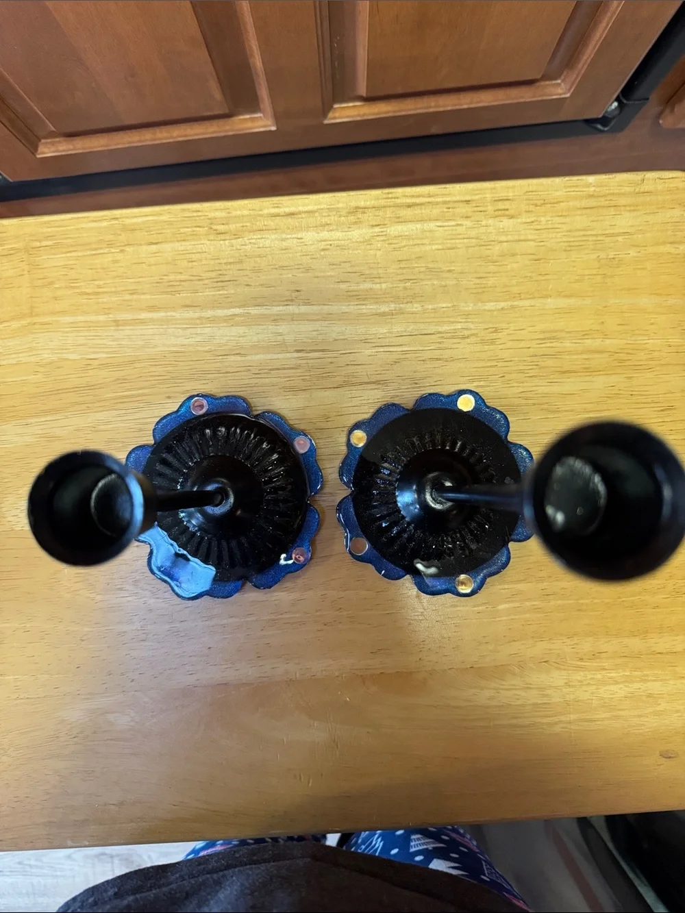 Black Metal Candlestick Holders with Blue Accent Bases. Homemade set of 2